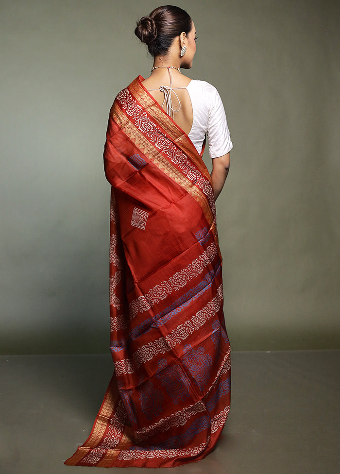 Red Printed Pure Silk Saree Without Blouse Piece