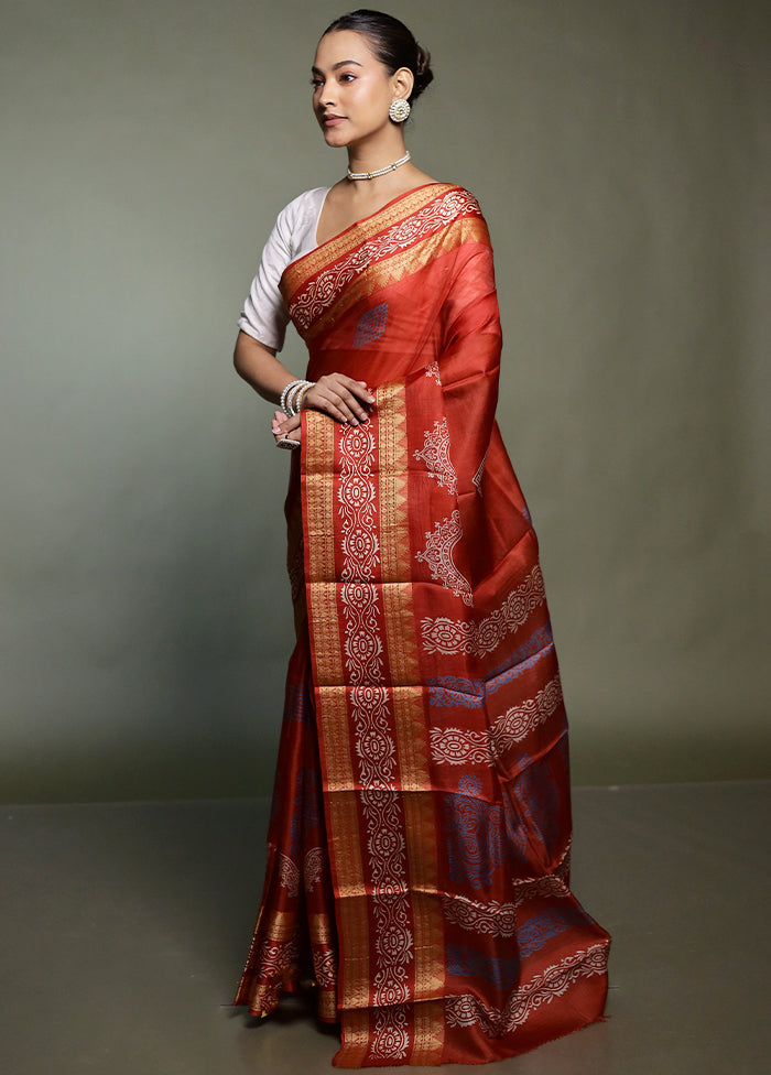Red Printed Pure Silk Saree Without Blouse Piece