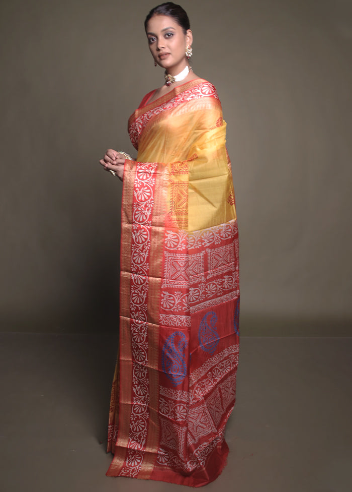 Yellow Printed Pure Silk Saree Without Blouse Piece