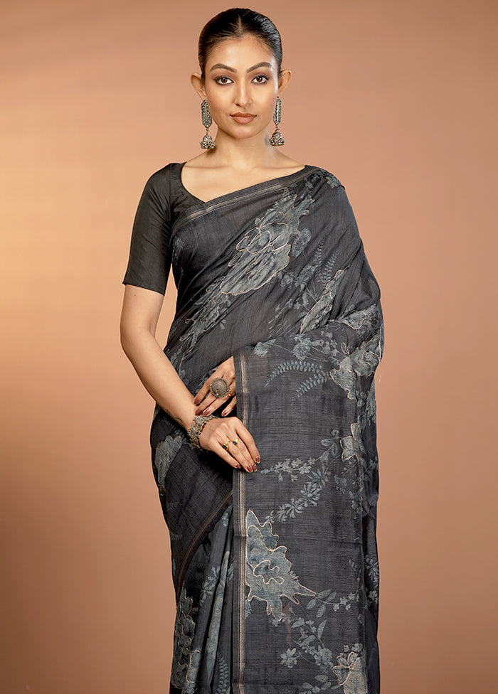 Black Tussar Silk Saree With Blouse Piece