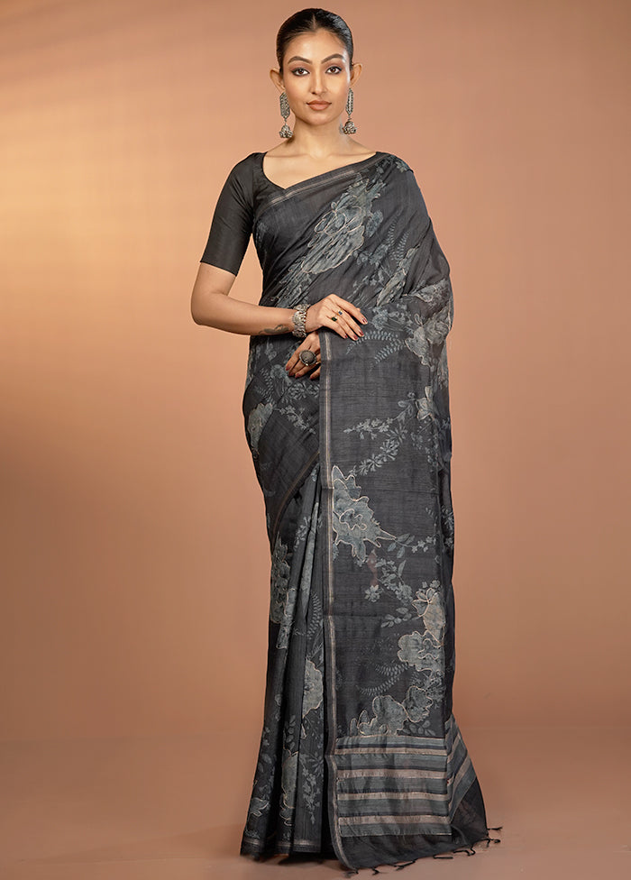 Black Tussar Silk Saree With Blouse Piece