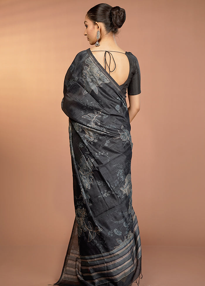 Black Tussar Silk Saree With Blouse Piece