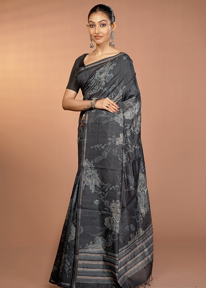 Black Tussar Silk Saree With Blouse Piece