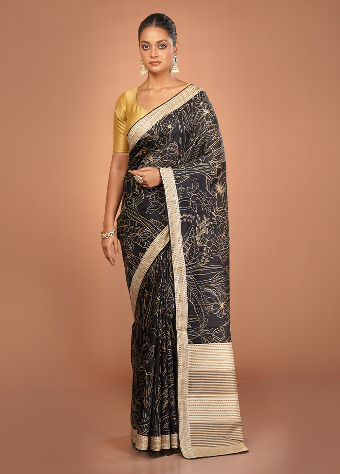 Black Tussar Silk Saree With Blouse Piece