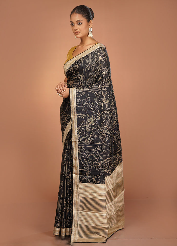 Black Tussar Silk Saree With Blouse Piece