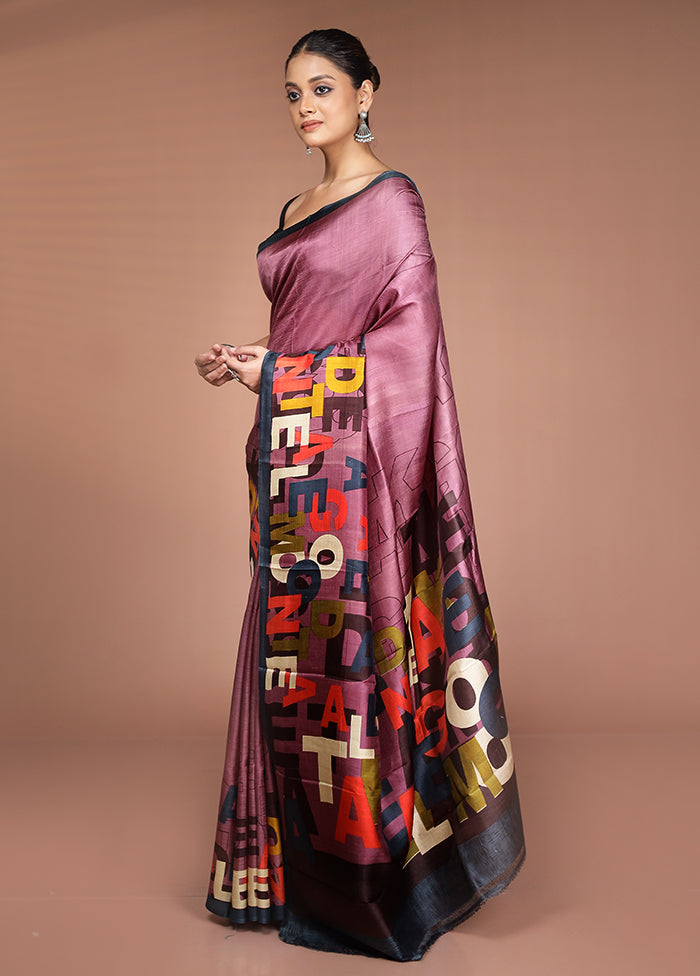 Purple Printed Pure Silk Saree Without Blouse Piece