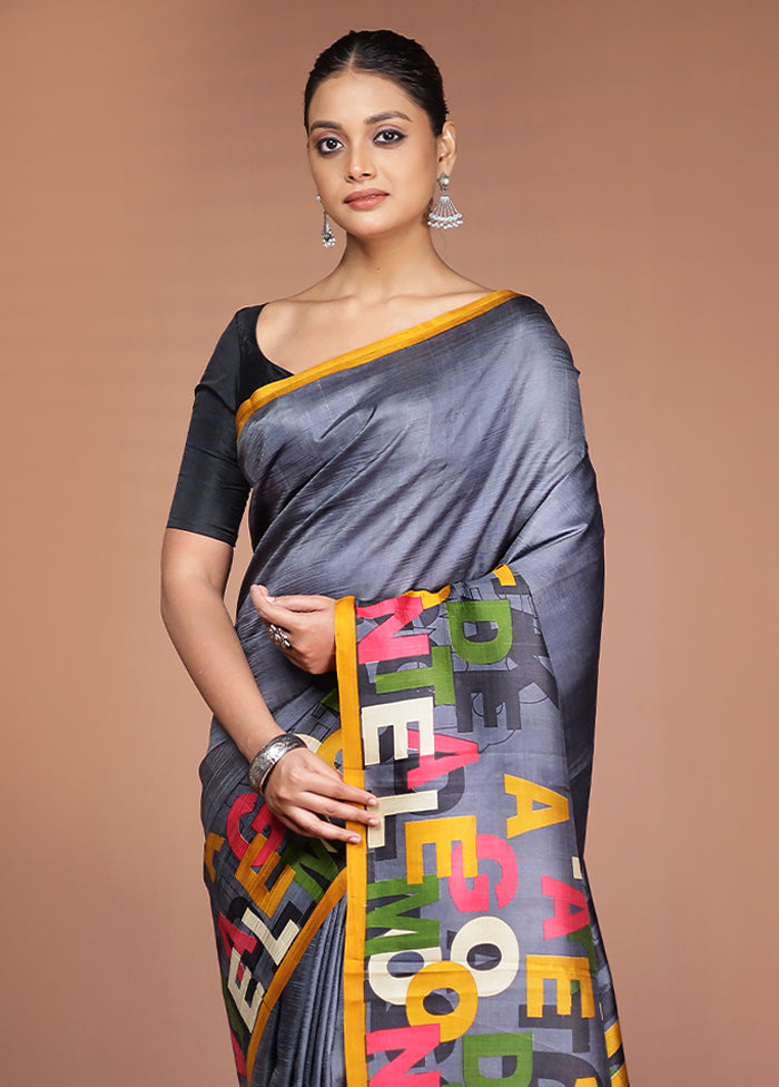 Grey Printed Pure Silk Saree Without Blouse Piece