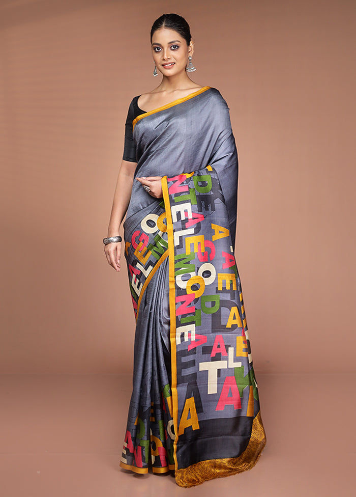 Grey Printed Pure Silk Saree Without Blouse Piece