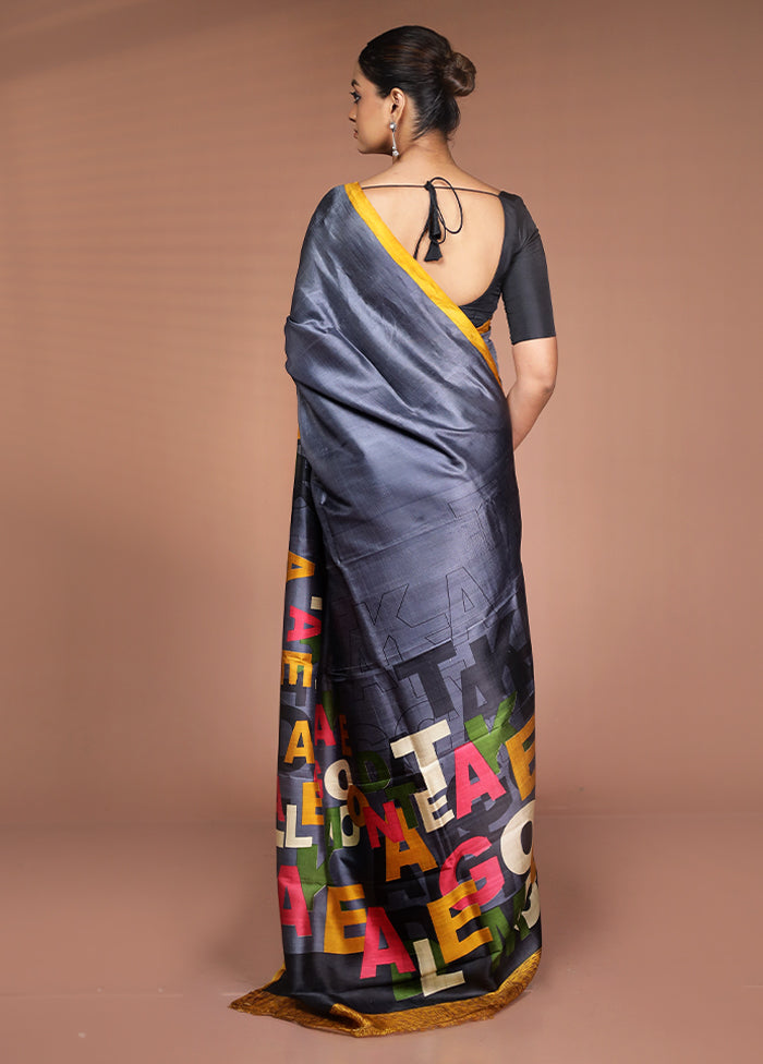 Grey Printed Pure Silk Saree Without Blouse Piece