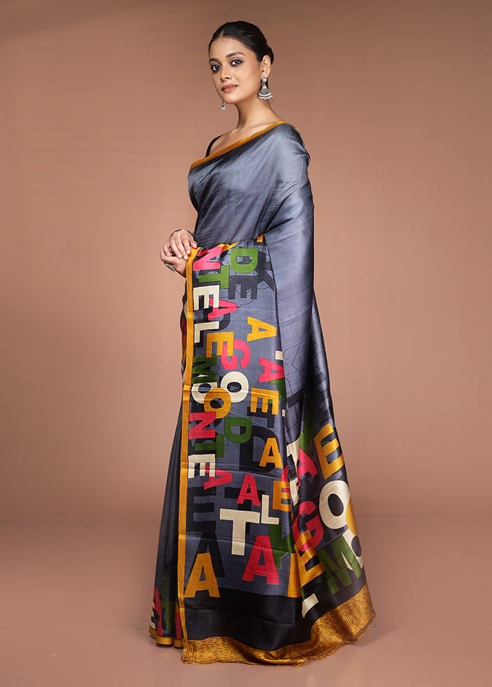 Grey Printed Pure Silk Saree Without Blouse Piece
