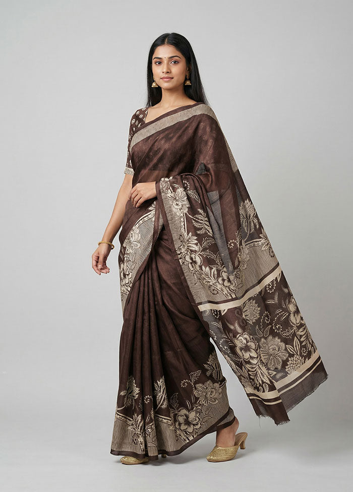 Brown Printed Silk Saree Without Blouse Piece