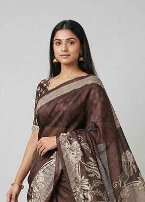 Brown Printed Silk Saree Without Blouse Piece