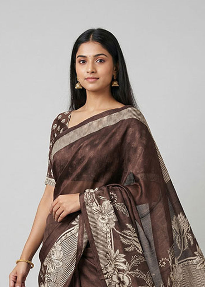Brown Printed Silk Saree Without Blouse Piece