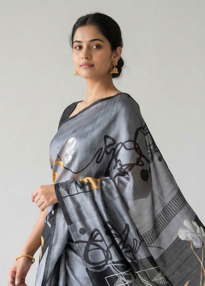 Grey Printed Silk Saree Without Blouse Piece