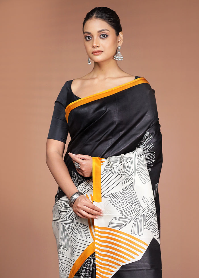 Black Printed Pure Silk Saree Without Blouse Piece