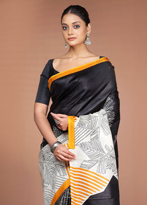 Black Printed Pure Silk Saree Without Blouse Piece