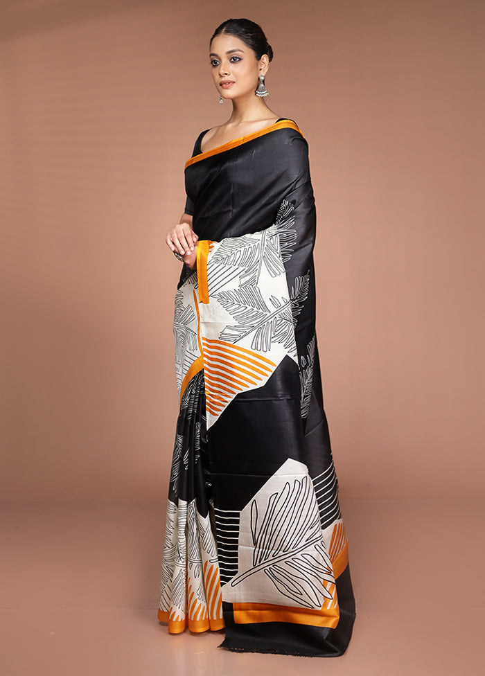 Black Printed Pure Silk Saree Without Blouse Piece