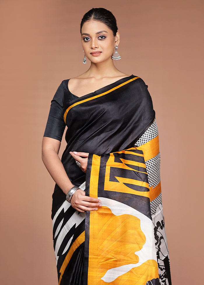 Black Printed Pure Silk Saree Without Blouse Piece