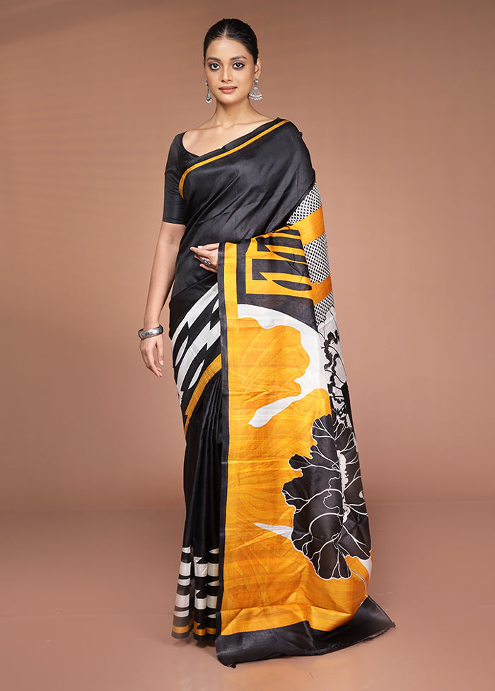 Black Printed Pure Silk Saree Without Blouse Piece