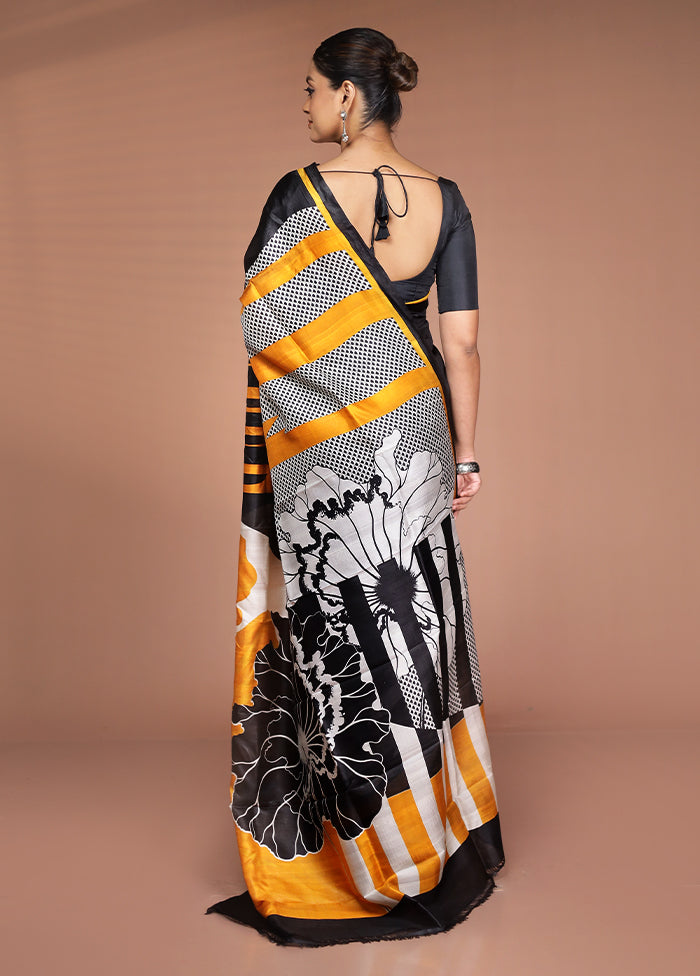 Black Printed Pure Silk Saree Without Blouse Piece