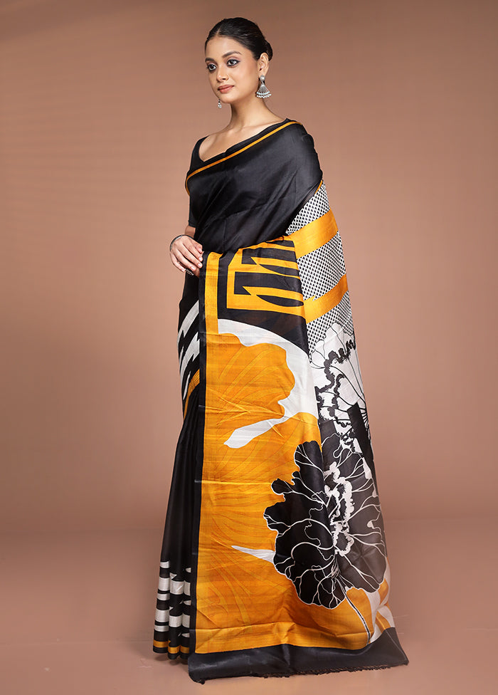 Black Printed Pure Silk Saree Without Blouse Piece