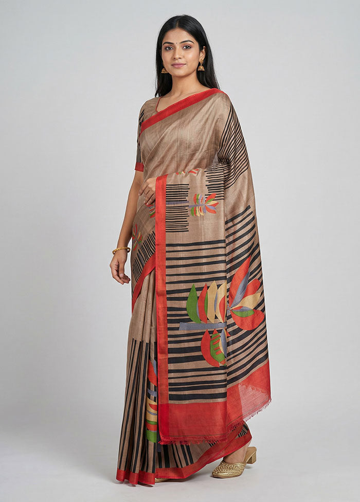 Cream Printed Silk Saree Without Blouse Piece