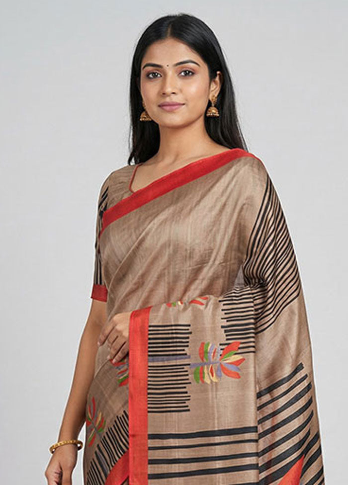 Cream Printed Silk Saree Without Blouse Piece