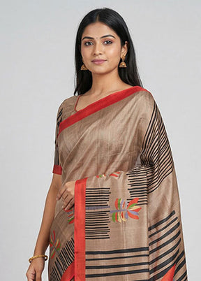 Cream Printed Silk Saree Without Blouse Piece