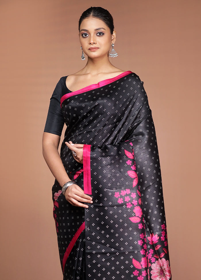 Black Printed Pure Silk Saree Without Blouse Piece