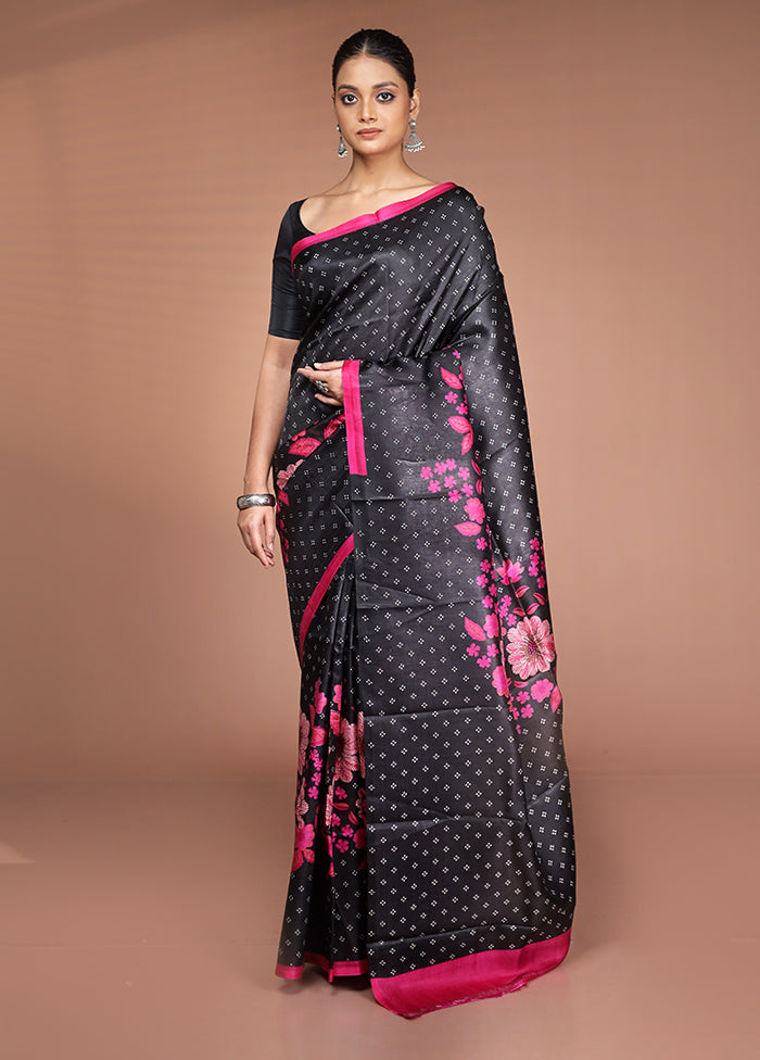 Black Printed Pure Silk Saree Without Blouse Piece