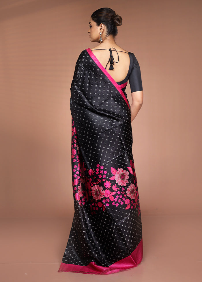 Black Printed Pure Silk Saree Without Blouse Piece