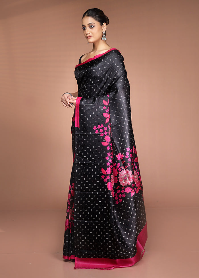 Black Printed Pure Silk Saree Without Blouse Piece