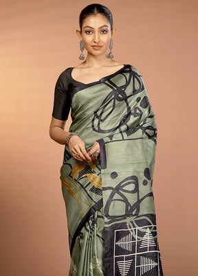 Green Printed Pure Silk Saree Without Blouse Piece
