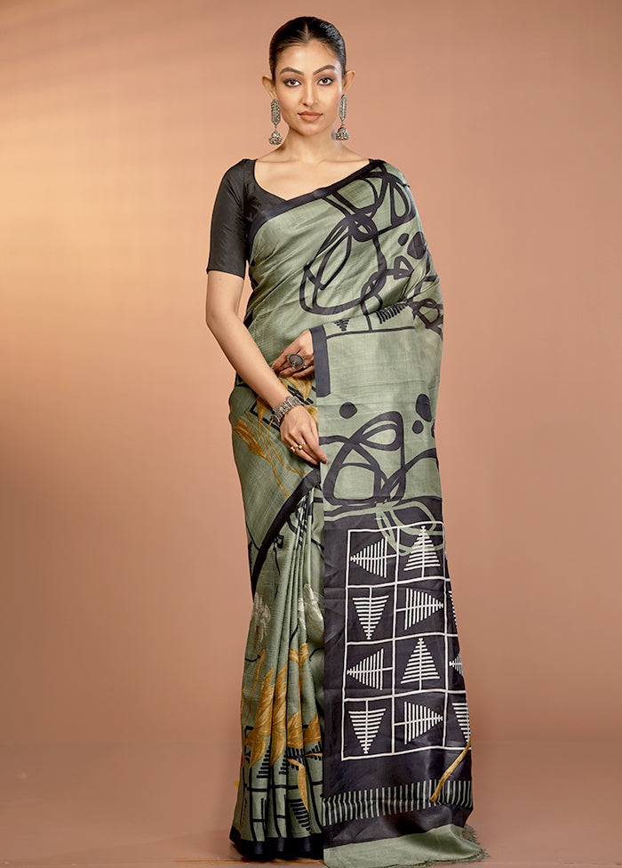 Green Printed Pure Silk Saree Without Blouse Piece
