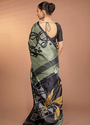 Green Printed Pure Silk Saree Without Blouse Piece