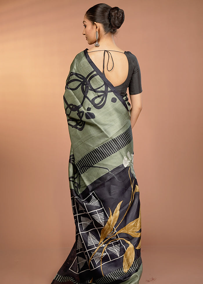 Green Printed Pure Silk Saree Without Blouse Piece