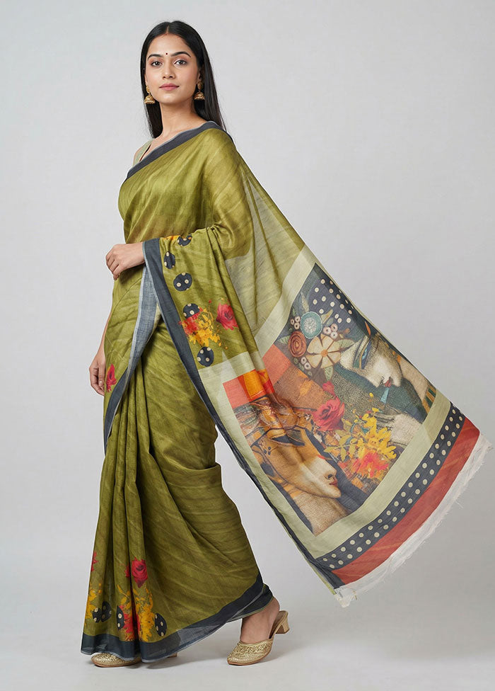Green Printed Pure Silk Saree Without Blouse Piece