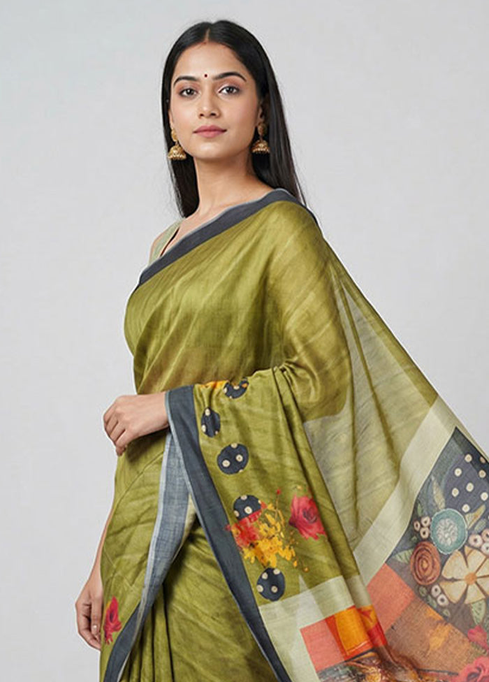 Green Printed Pure Silk Saree Without Blouse Piece