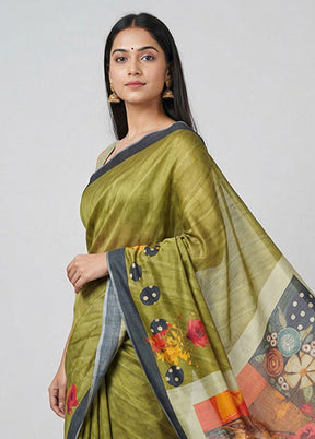 Green Printed Pure Silk Saree Without Blouse Piece