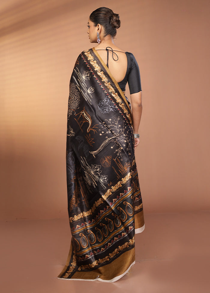 Black Handloom Printed Pure Silk Saree Without Blouse Piece