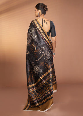 Black Handloom Printed Pure Silk Saree Without Blouse Piece