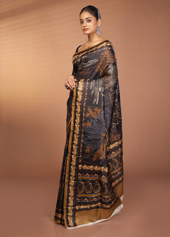 Black Handloom Printed Pure Silk Saree Without Blouse Piece