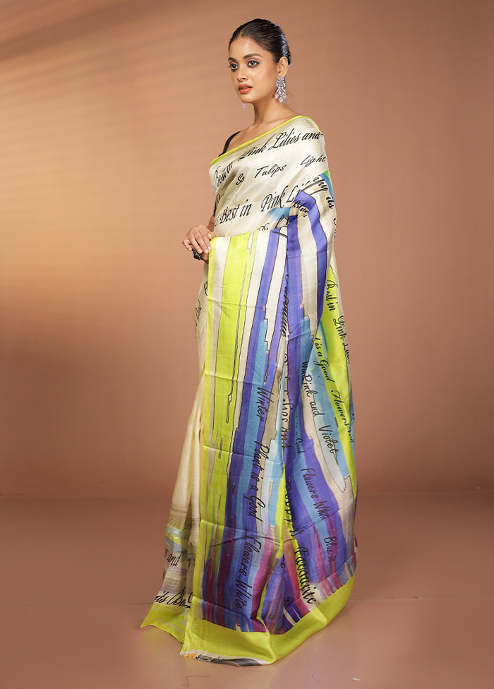 Cream Handloom Printed Pure Silk Saree Without Blouse Piece