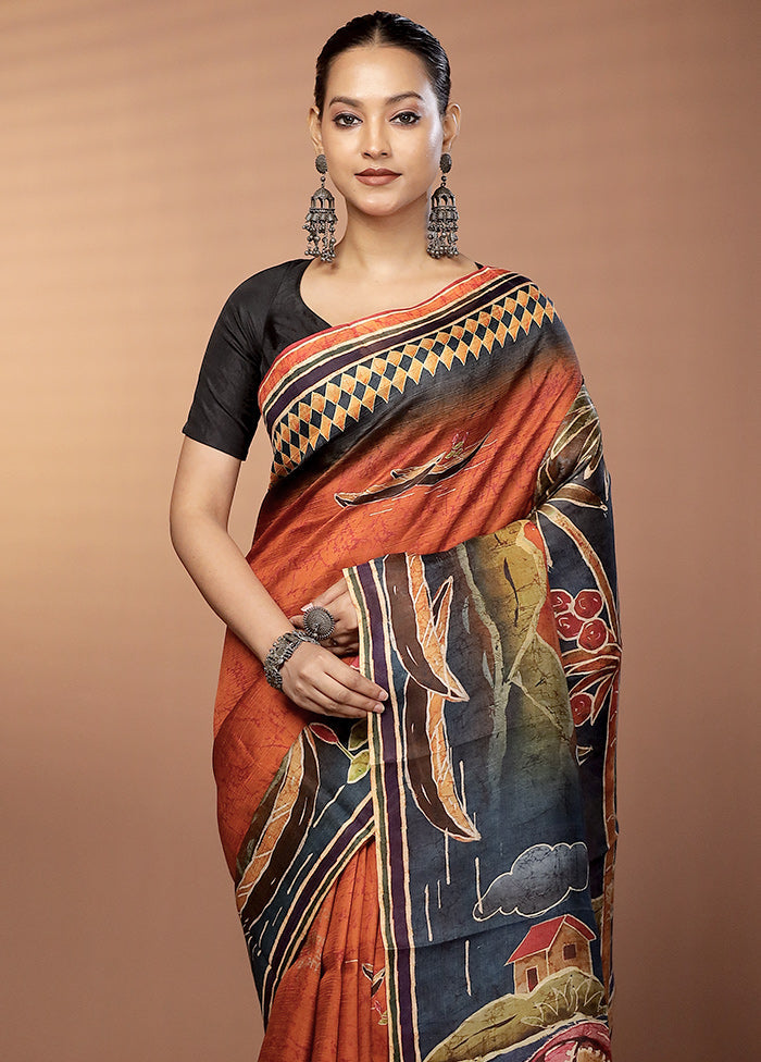 Orange Handloom Printed Pure Silk Saree Without Blouse Piece