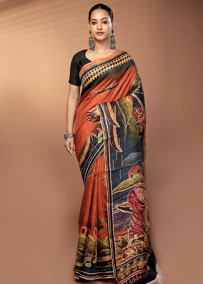 Orange Handloom Printed Pure Silk Saree Without Blouse Piece