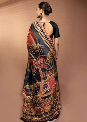 Orange Handloom Printed Pure Silk Saree Without Blouse Piece