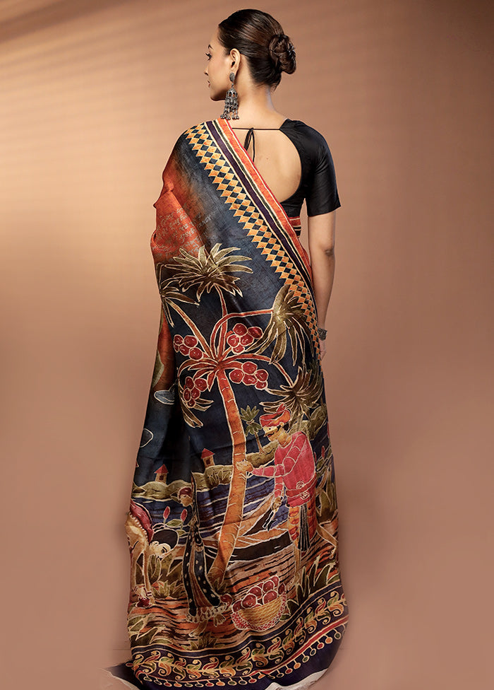 Orange Handloom Printed Pure Silk Saree Without Blouse Piece