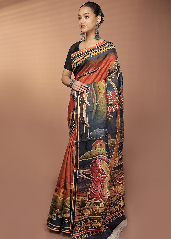 Orange Handloom Printed Pure Silk Saree Without Blouse Piece