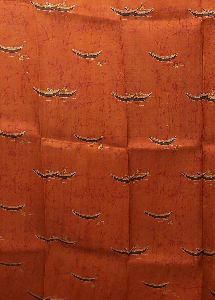 Orange Handloom Printed Pure Silk Saree Without Blouse Piece