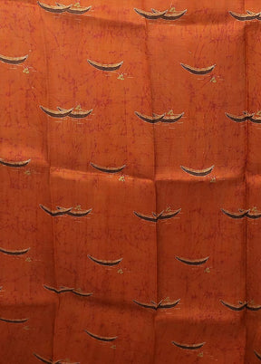 Orange Handloom Printed Pure Silk Saree Without Blouse Piece